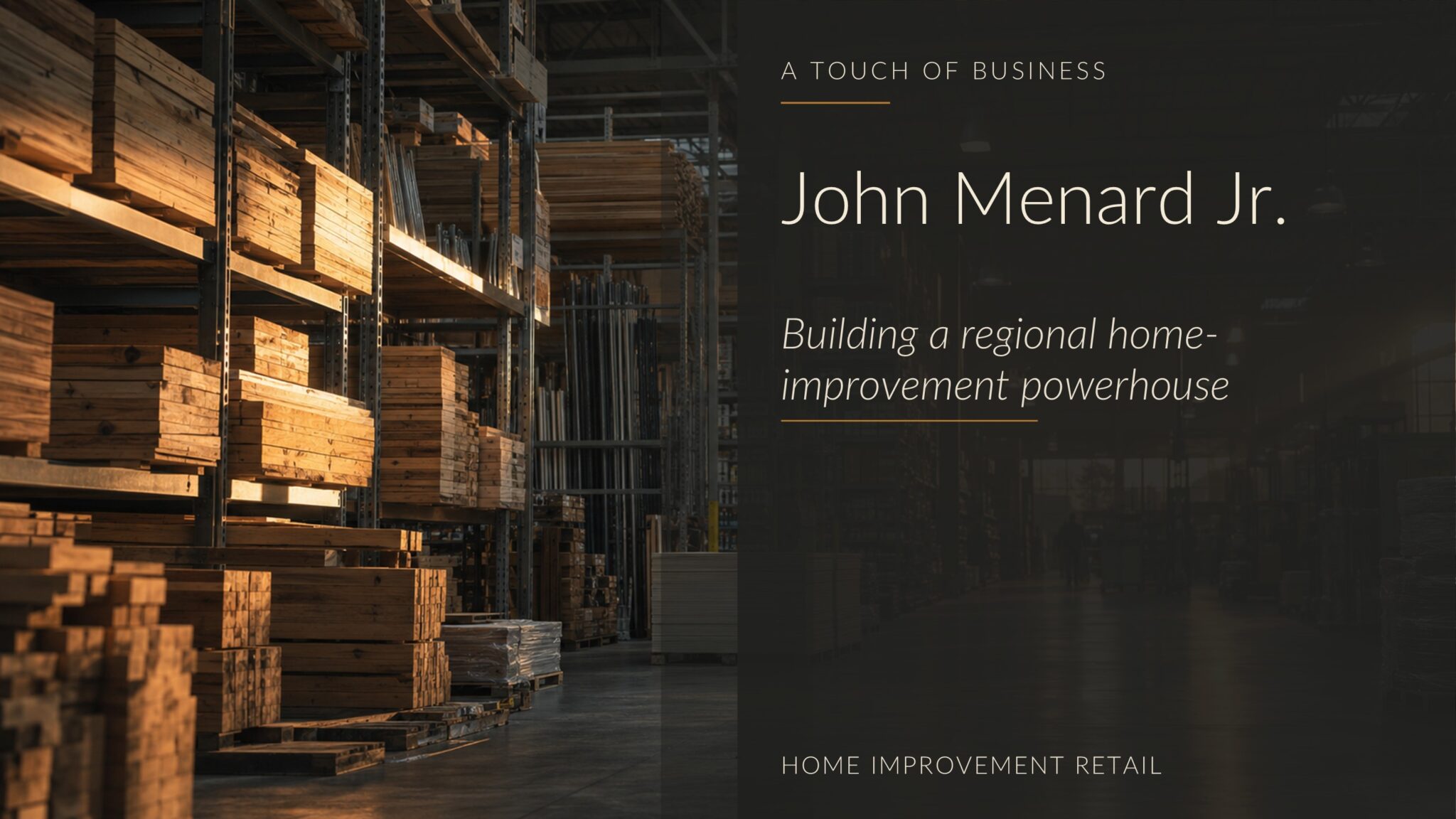Vast warehouse-style lumber aisle with stacked timber, pendant lights, and warm reflections.