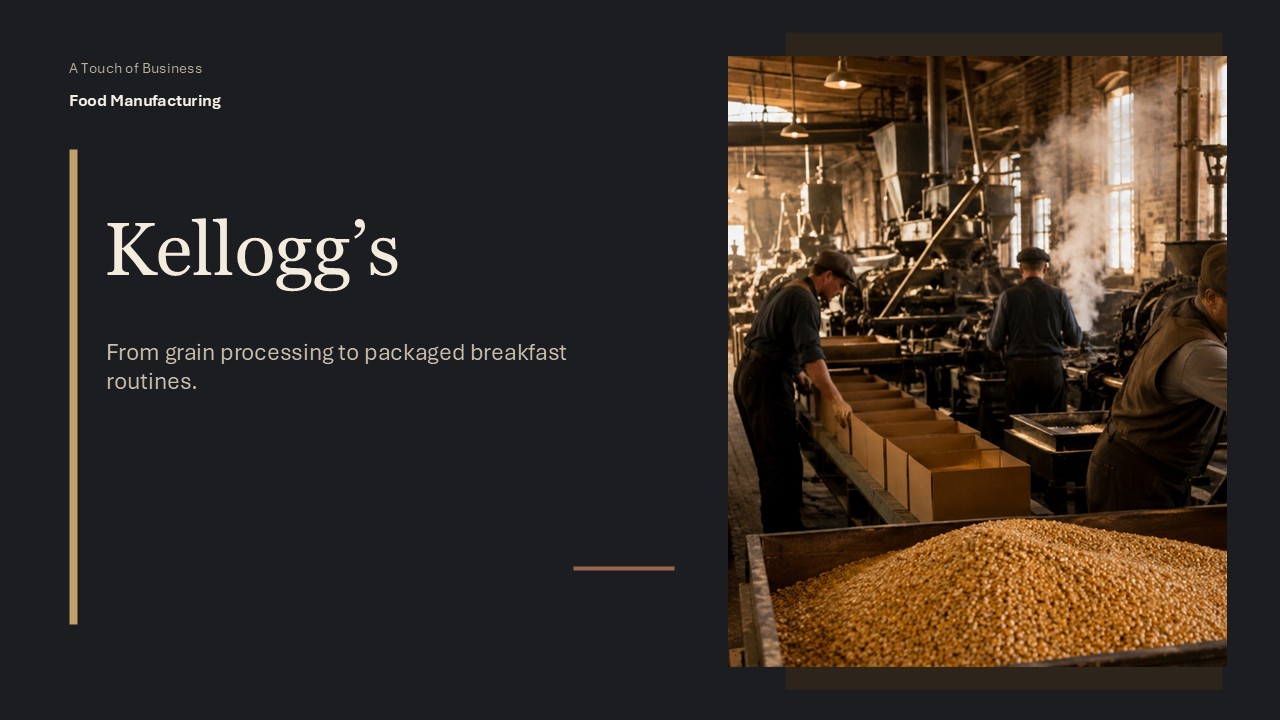 Early grain-processing factory with machinery, burlap sacks, and workers around cereal production equipment.