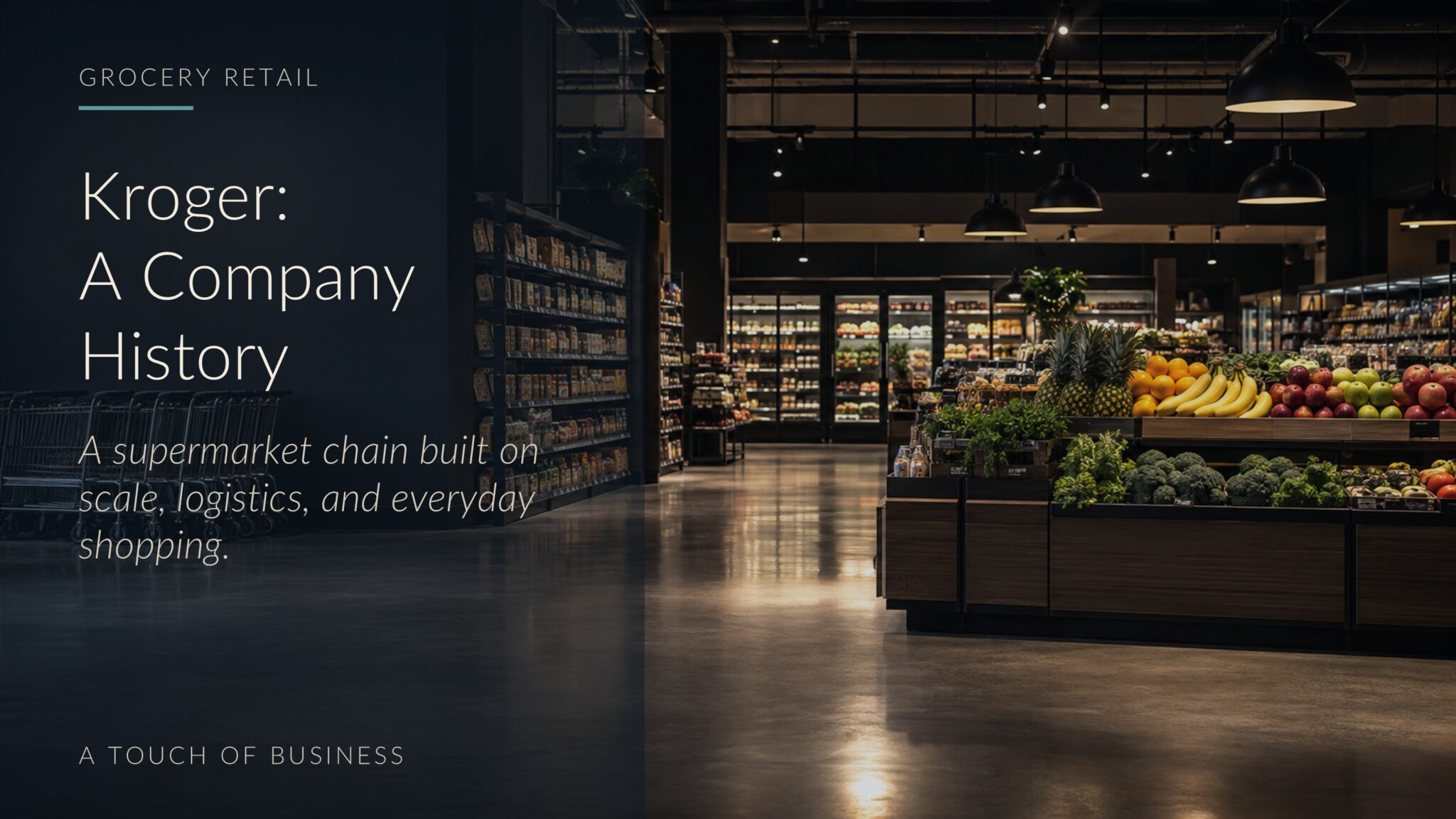 Upscale supermarket interior with produce displays, carts, shelves, and warm lighting.