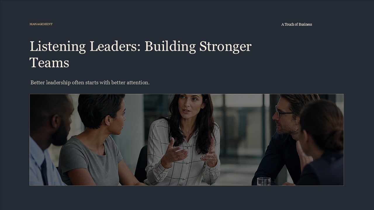 Realistic cinematic image of a diverse meeting group listening as a woman explains an idea across a dark table for a management article.