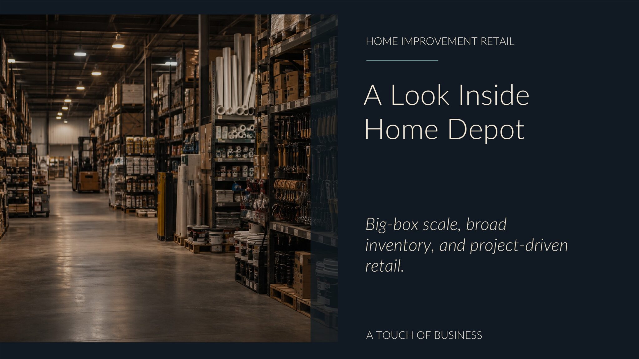 Large home improvement warehouse aisle with lumber, tools, paint, and building supplies.