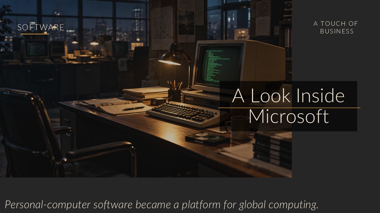 Retro computer office with a glowing CRT terminal, floppy disks, printer, and night city view.