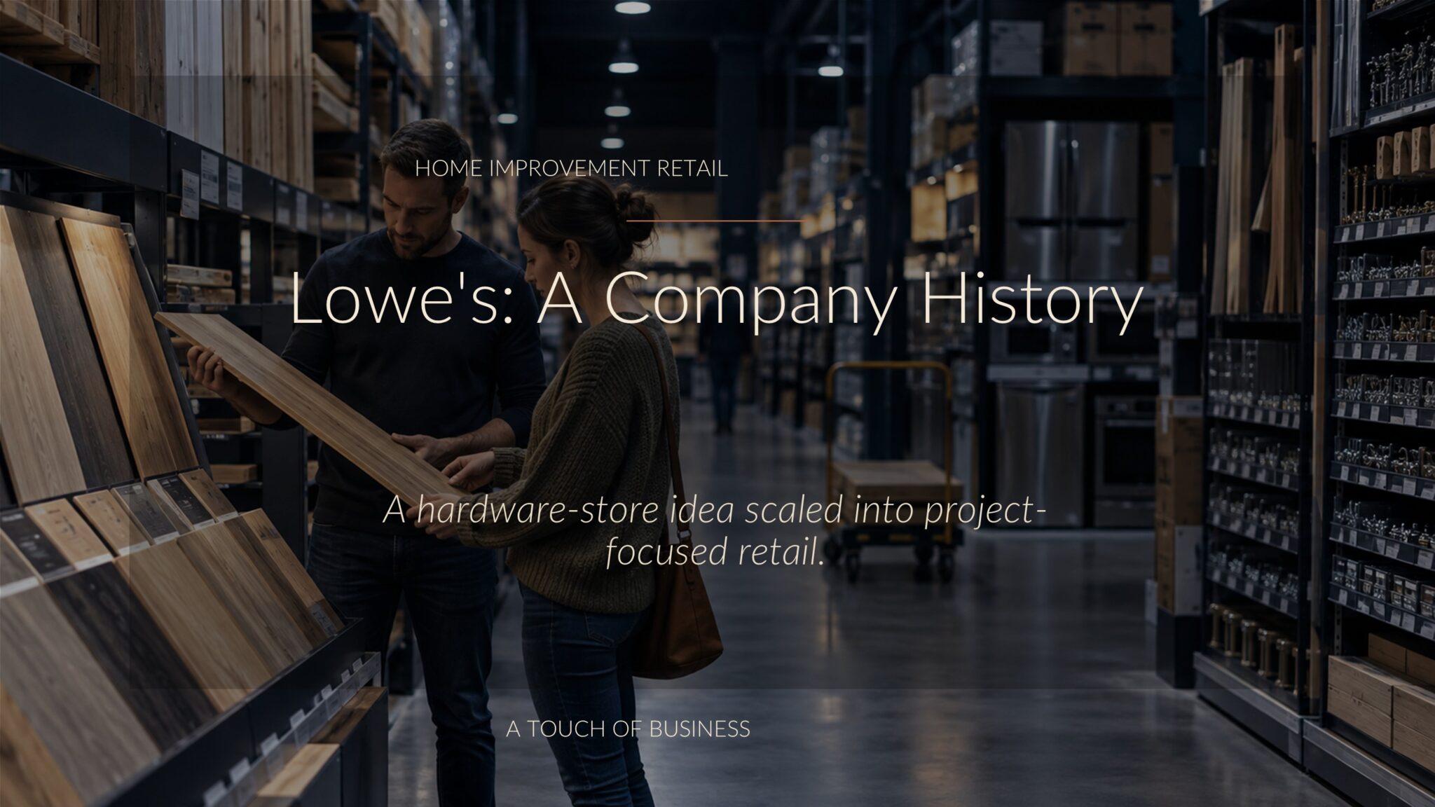Hardware store aisle with two customers examining a wood plank near flooring displays.