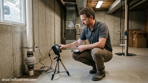 A man is crouching in a concrete basement, using a radon monitor on a tripod.