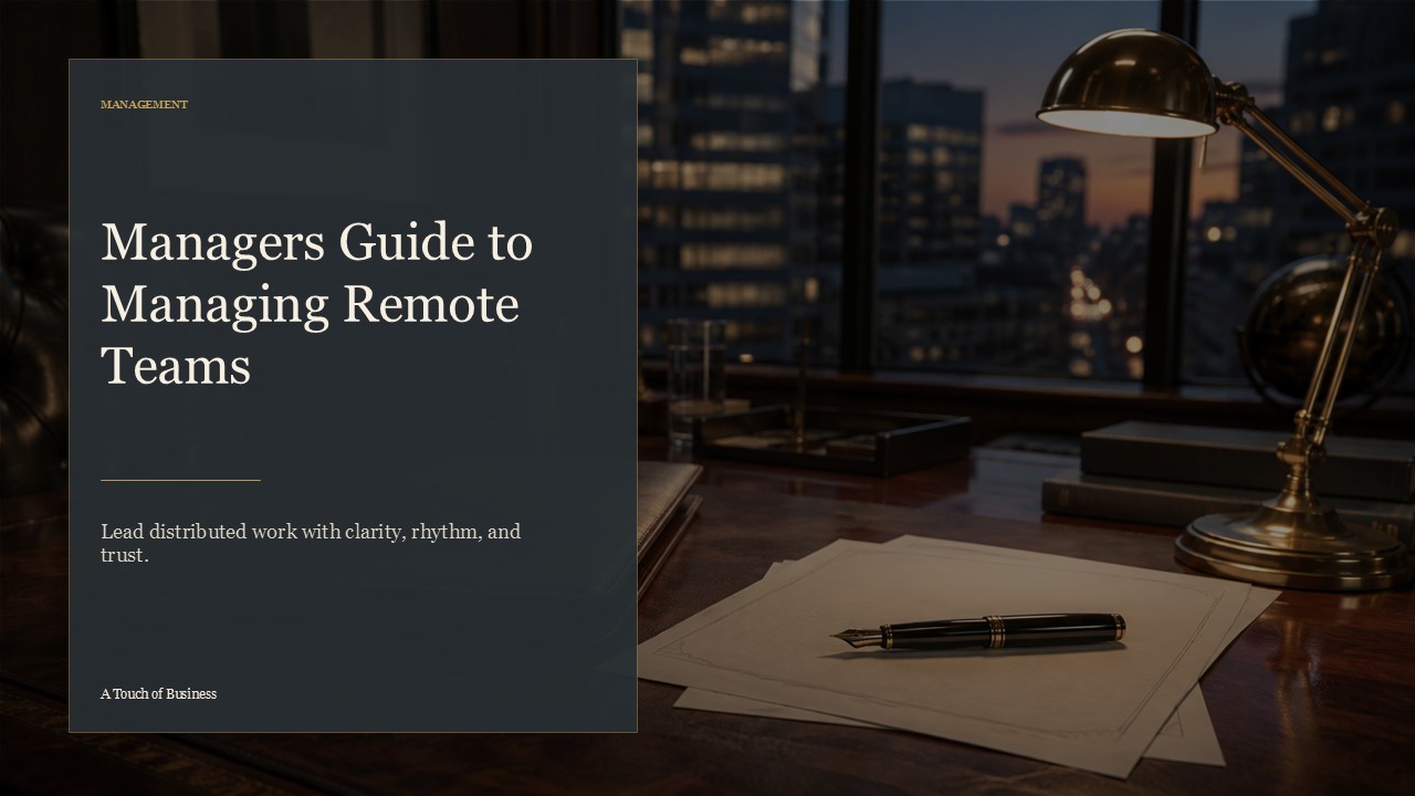 Realistic cinematic image of a polished executive office desk with leather portfolio, documents, fountain pen, and skyline for a management article.
