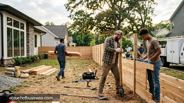 Three men build a new wooden fence in a suburban backyard during construction.