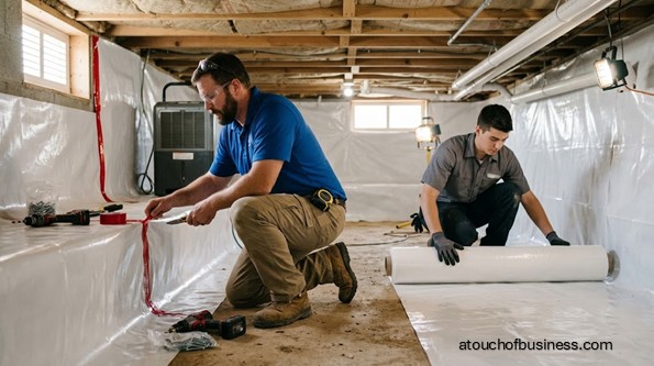 Two men installing a white vapor barrier in Spacious crawl space.