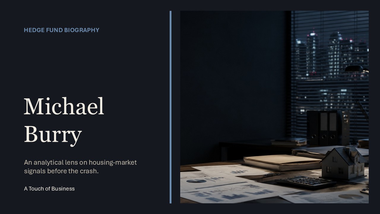 Dark financial office with real estate paperwork, charts, calculator, and miniature house.