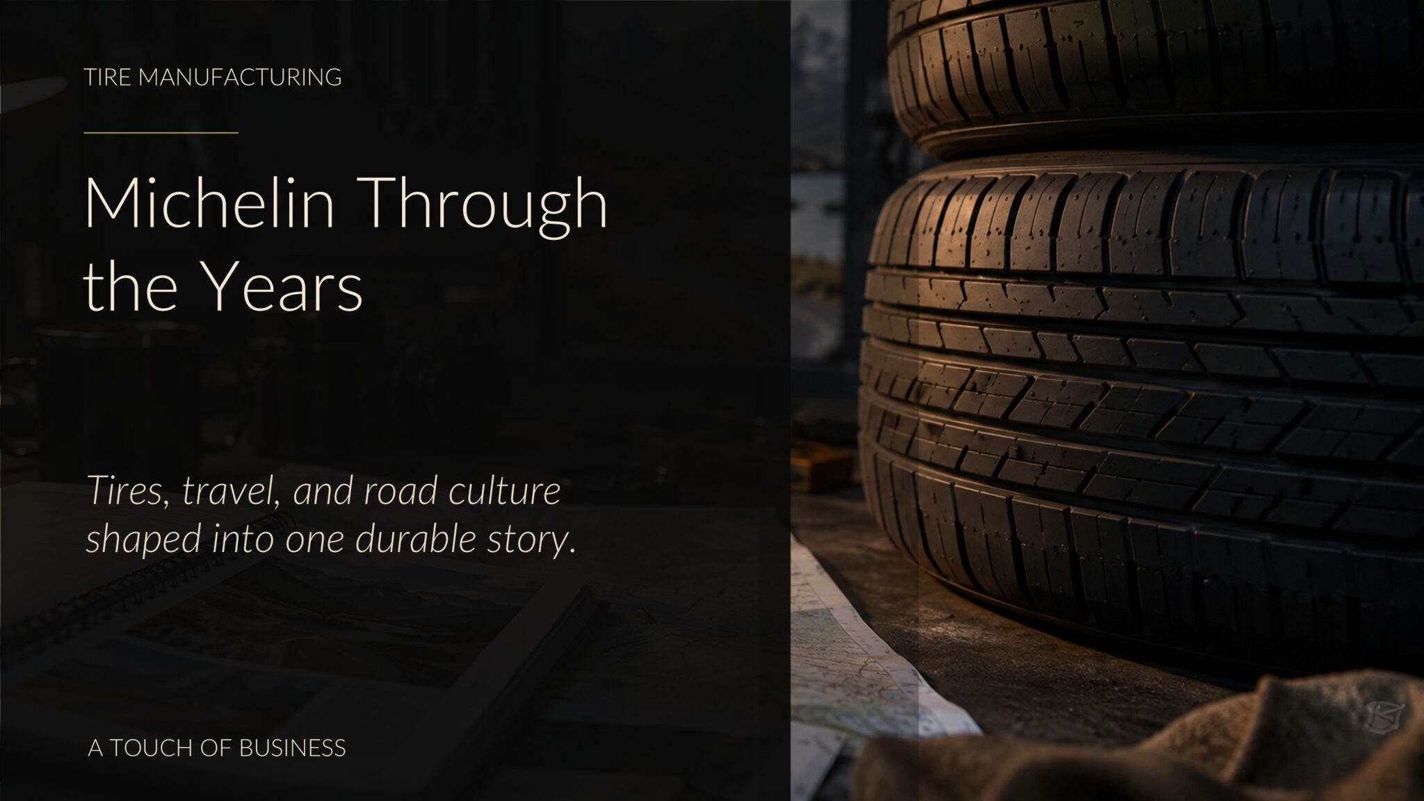 Cinematic workshop scene with stacked tires, maps, guidebook pages, and travel gear.