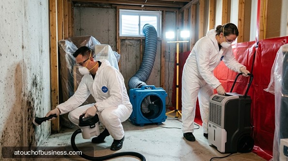 Technicians in hazmat suits clean mold from concrete walls in a basement.