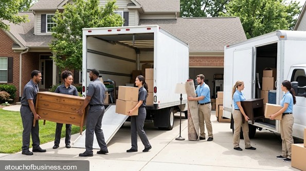 Several movers carry furniture and boxes into two trucks in a suburban driveway.