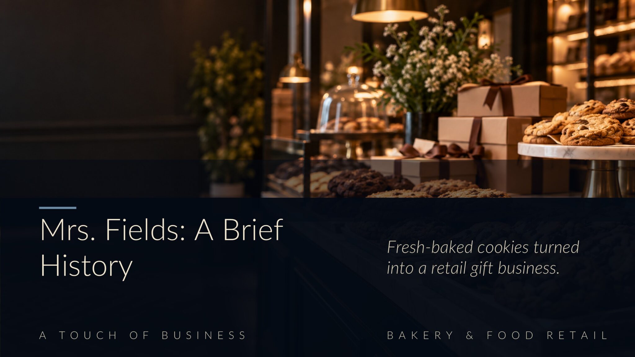 Elegant bakery display filled with cookies, gift boxes, flowers, and warm pendant light.