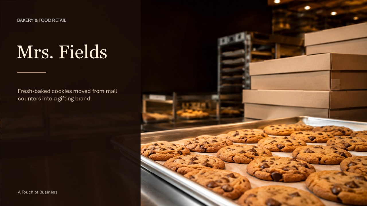 Tray of chocolate chip cookies on a stainless counter with bakery boxes and display cases behind it.