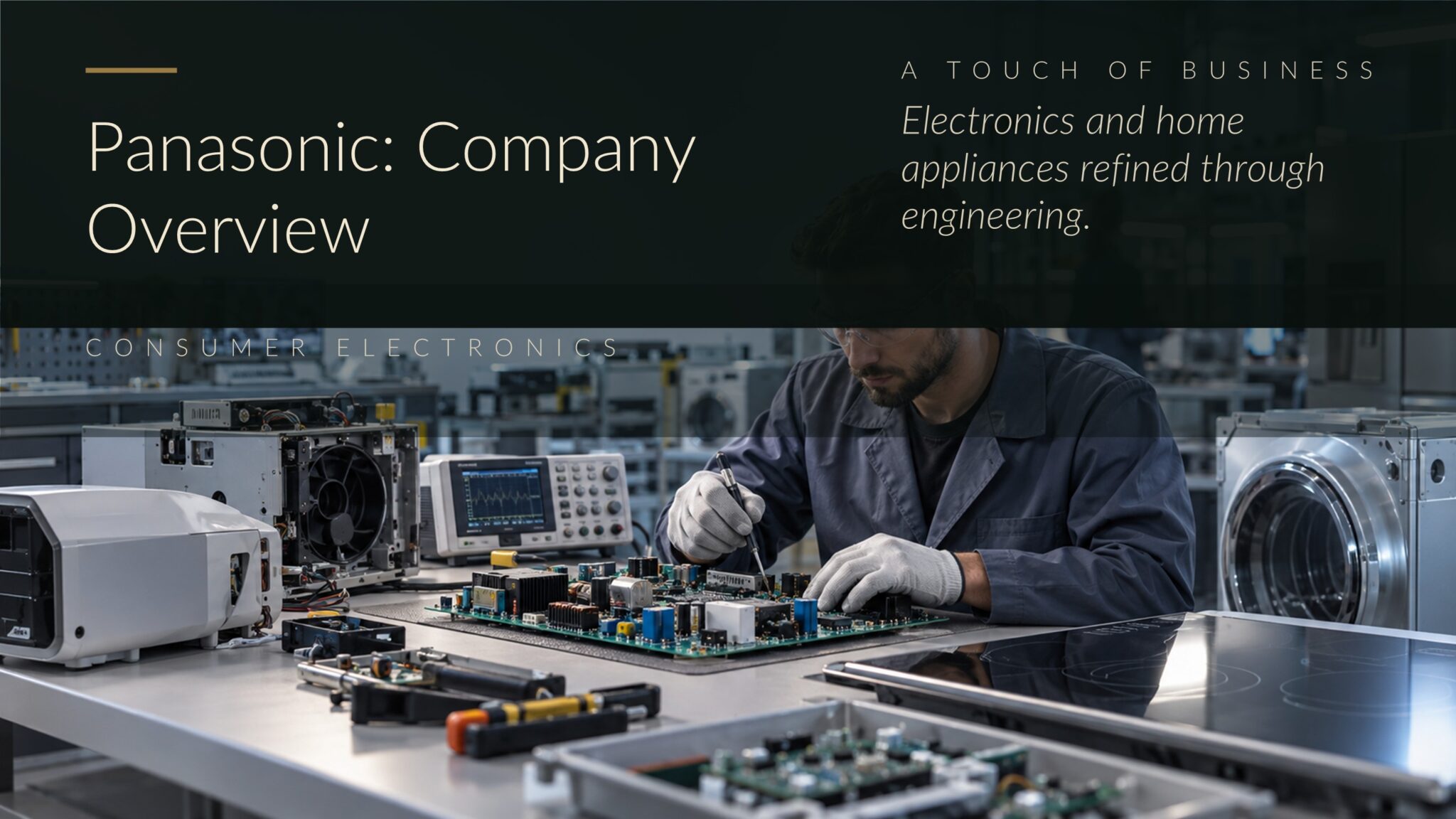 Electronics technician working on circuit boards inside a modern appliance lab.