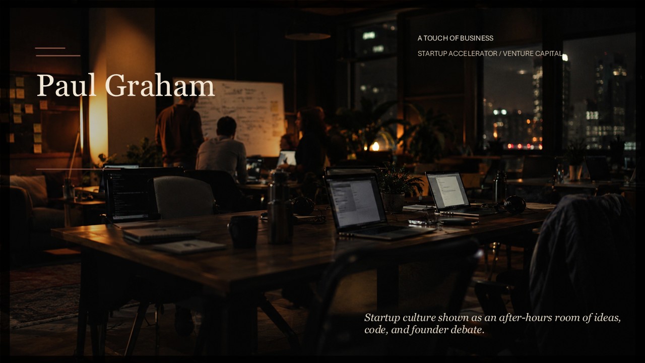 Warm nighttime coworking office with laptops, whiteboard notes, and small founder group