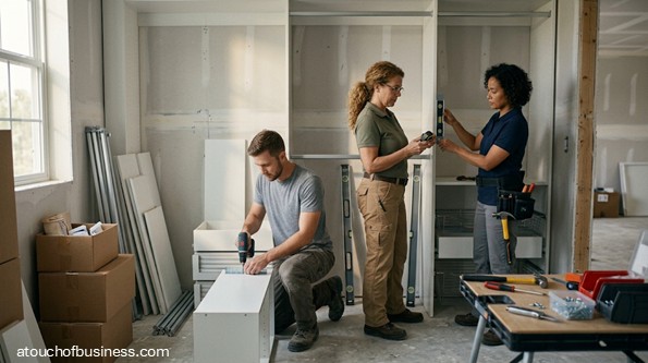 Three people install white modular cabinets in an unfinished interior room.