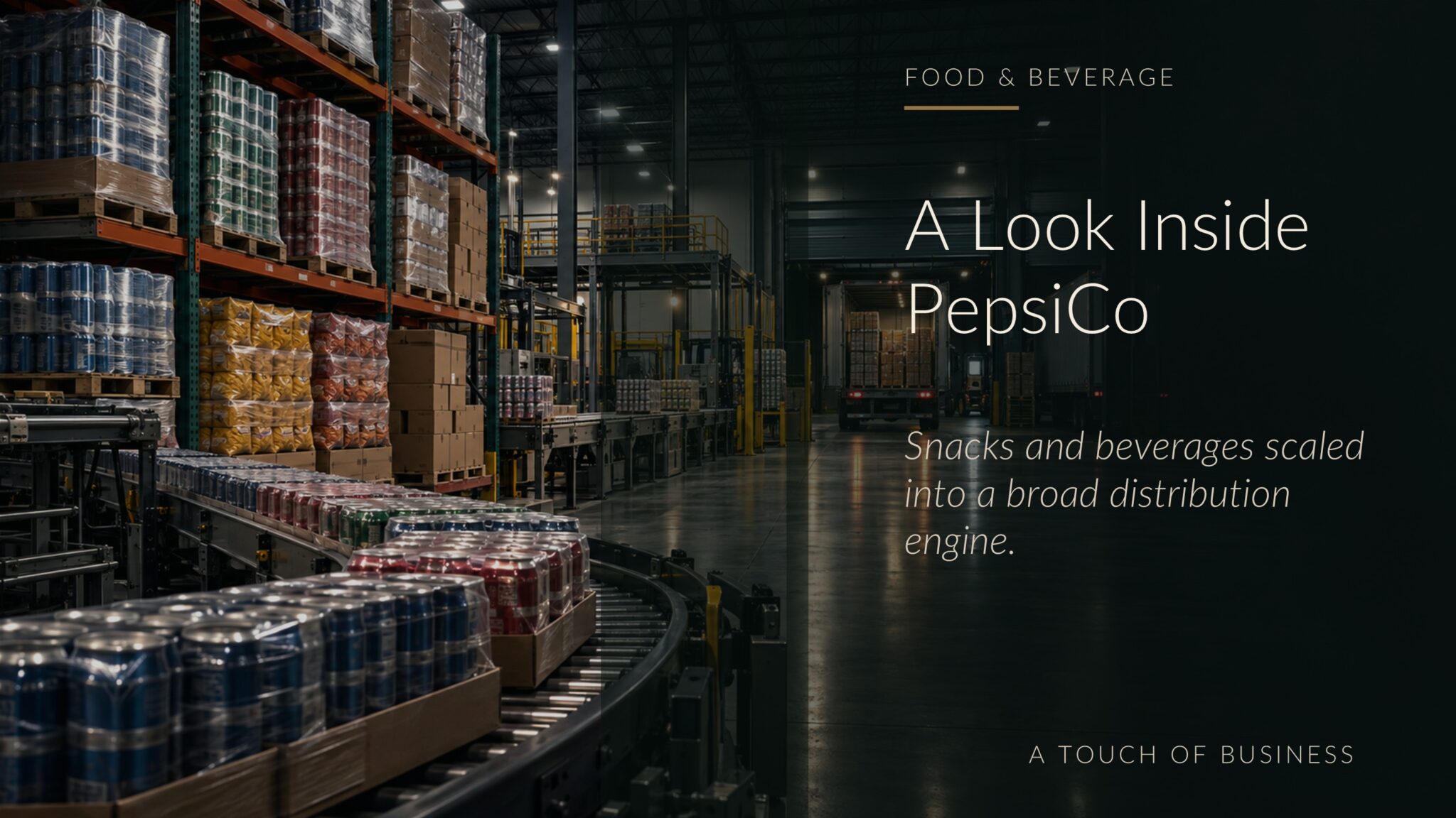 Cinematic warehouse with shrink-wrapped beverage cans, pallet racks, and loading bays.