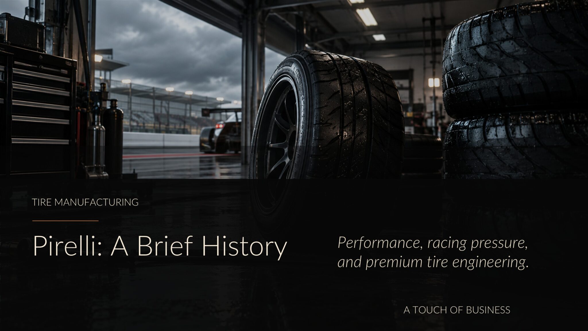 Rain-soaked motorsport pit garage with performance tires and track lights.