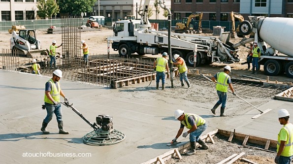 A team of construction workers wearing hard hats pours and smooths a large concrete foundation.