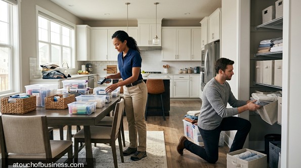 Two professional organizers sort items and organize a kitchen pantry in a modern home.