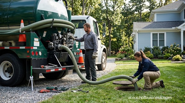 Two workers service a residential septic tank with a pumper truck.