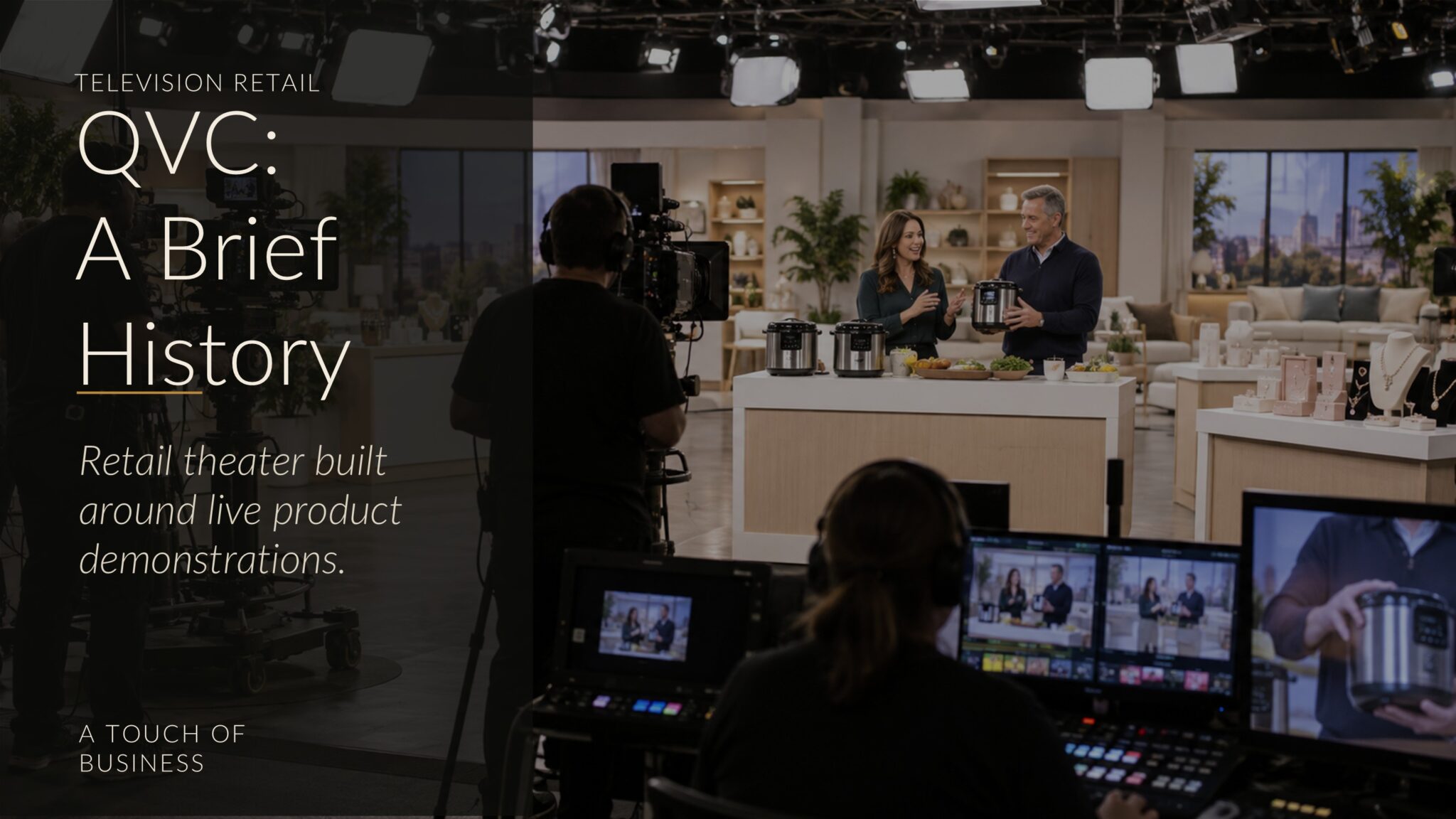 Television shopping studio with hosts presenting products as cameras and crew record the segment.