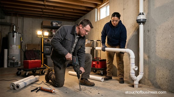 Two people installing a radon mitigation system in a basement with a concrete wall.