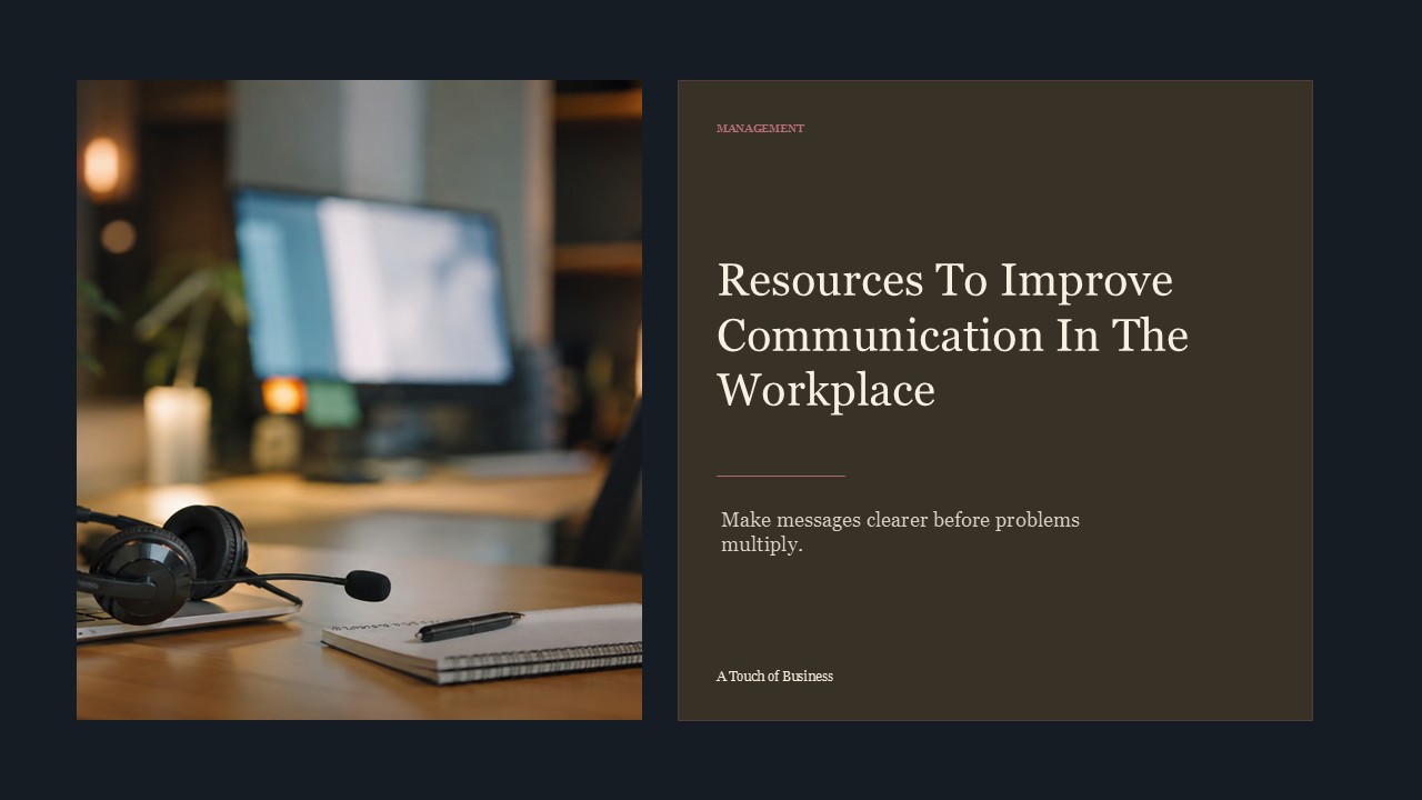 Realistic cinematic image of a warm office workspace with a laptop, headset, notebook, and soft bokeh lights for a management article.