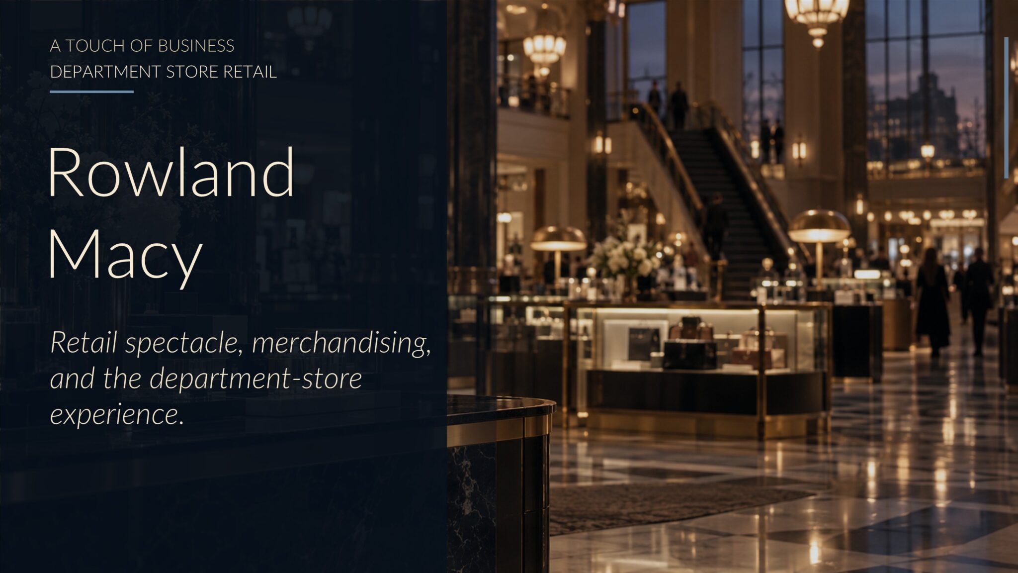Grand department store interior with marble columns, perfume counter, chandeliers, and warm retail atmosphere.