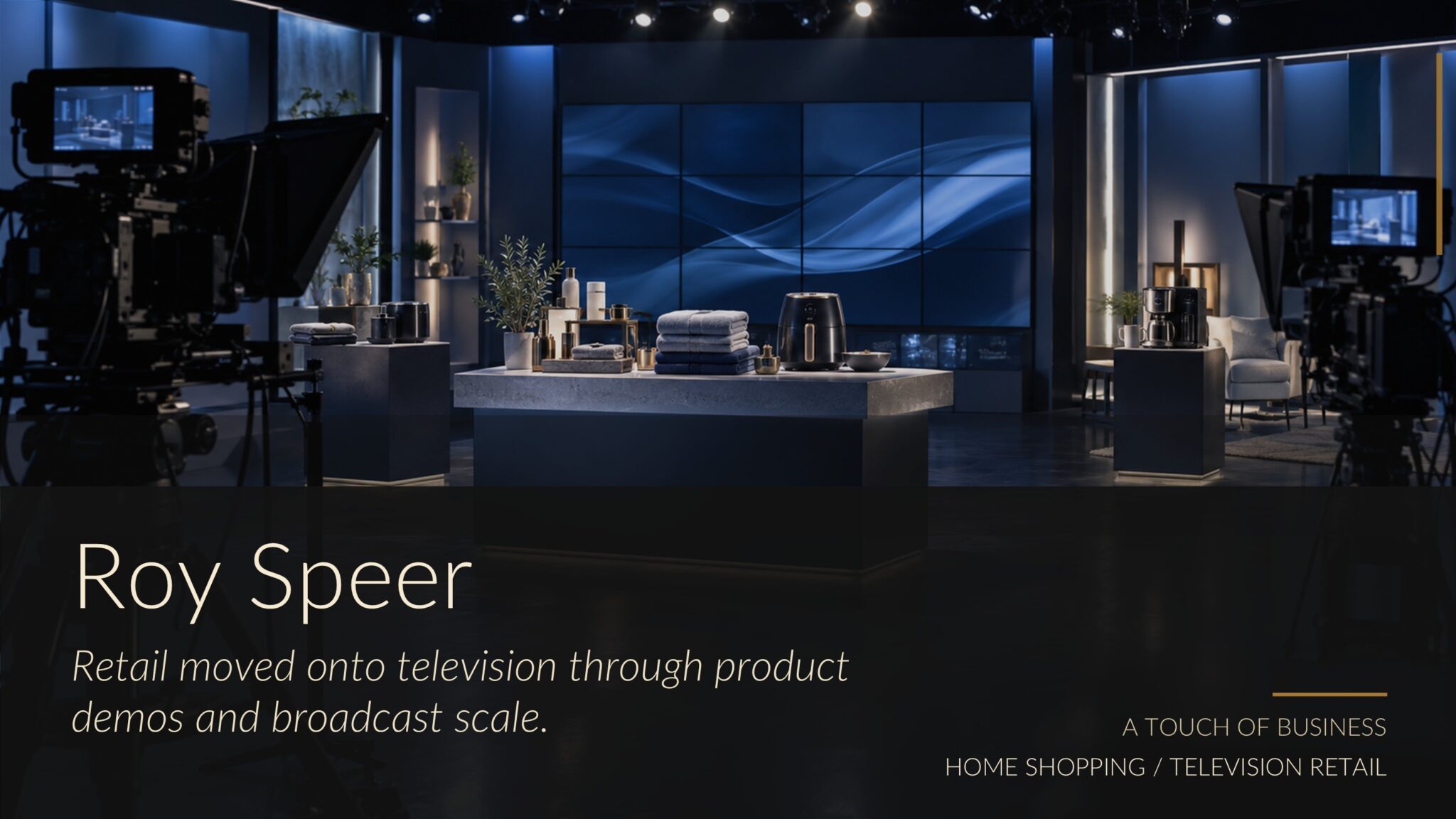 Cinematic television shopping studio with cameras, display island, products, blue screens, and glossy floor reflections.
