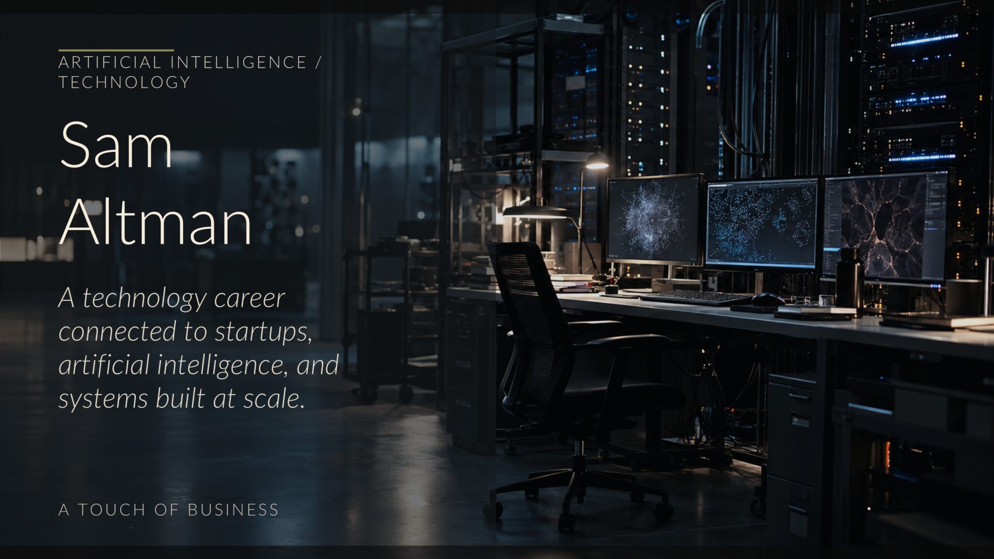 Cinematic AI research lab with server racks, glowing monitors, cables, and an empty workstation.