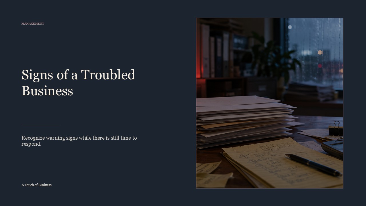 Realistic cinematic image of a late-night office desk with red warning light, envelopes, papers, and rain-streaked window for a management article.