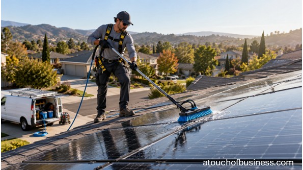 Professional cleaning solar panels on a residential rooftop.