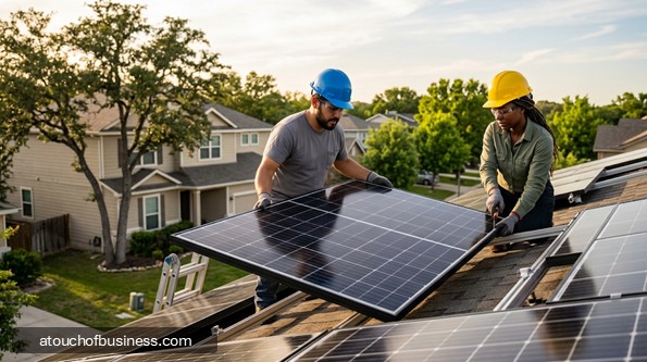 Two people installing solar panels on a residential rooftop.