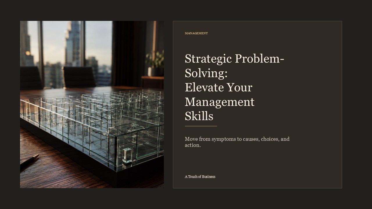 Realistic cinematic image of a glass maze model on a boardroom table with notebook, pen, and city light for a management article.
