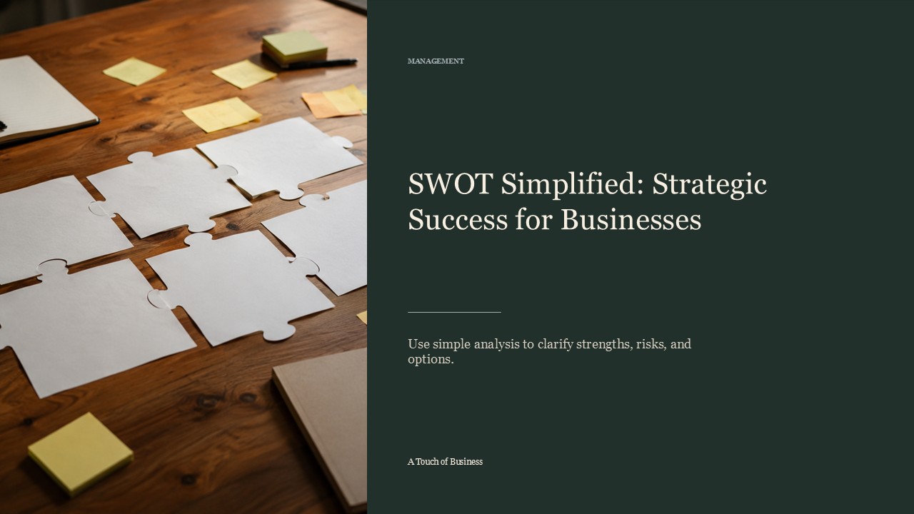 Realistic cinematic image of a wooden planning table with puzzle-shaped papers, sticky notes, laptop, notebook, and mug for a management article.