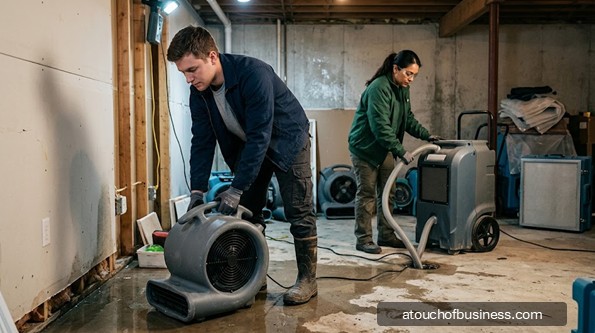 Two technicians operating professional water damage restoration equipment in a wet basement.