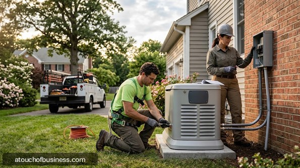 Two workers install a whole home standby generator next to a suburban house.