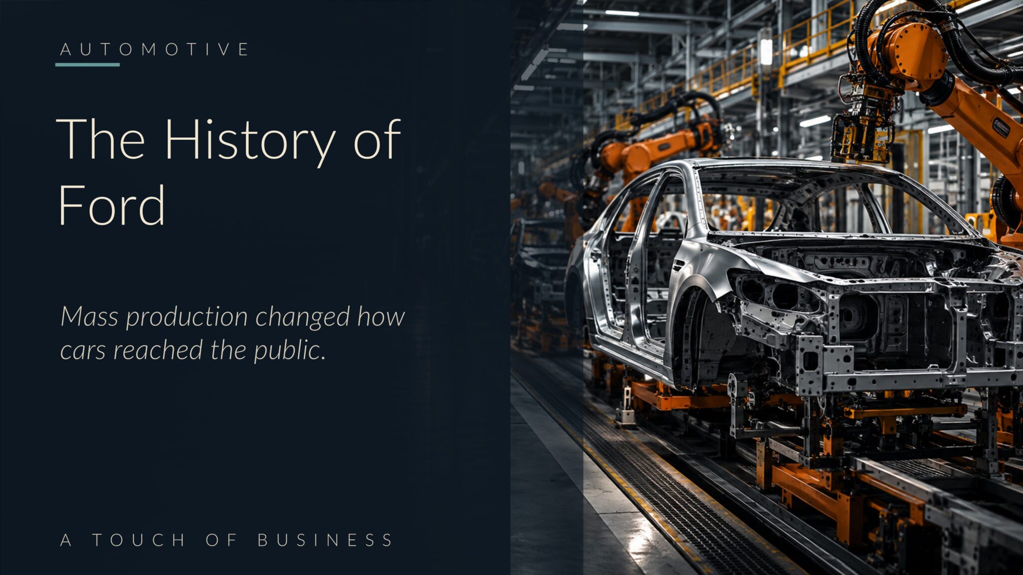 Automated automobile assembly line with car bodies and robotic arms.