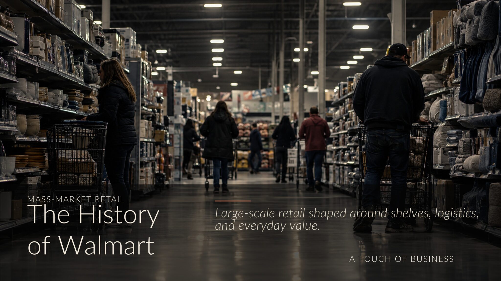 Wide warehouse-store aisle with shoppers, carts, tall shelving, and polished concrete floors.