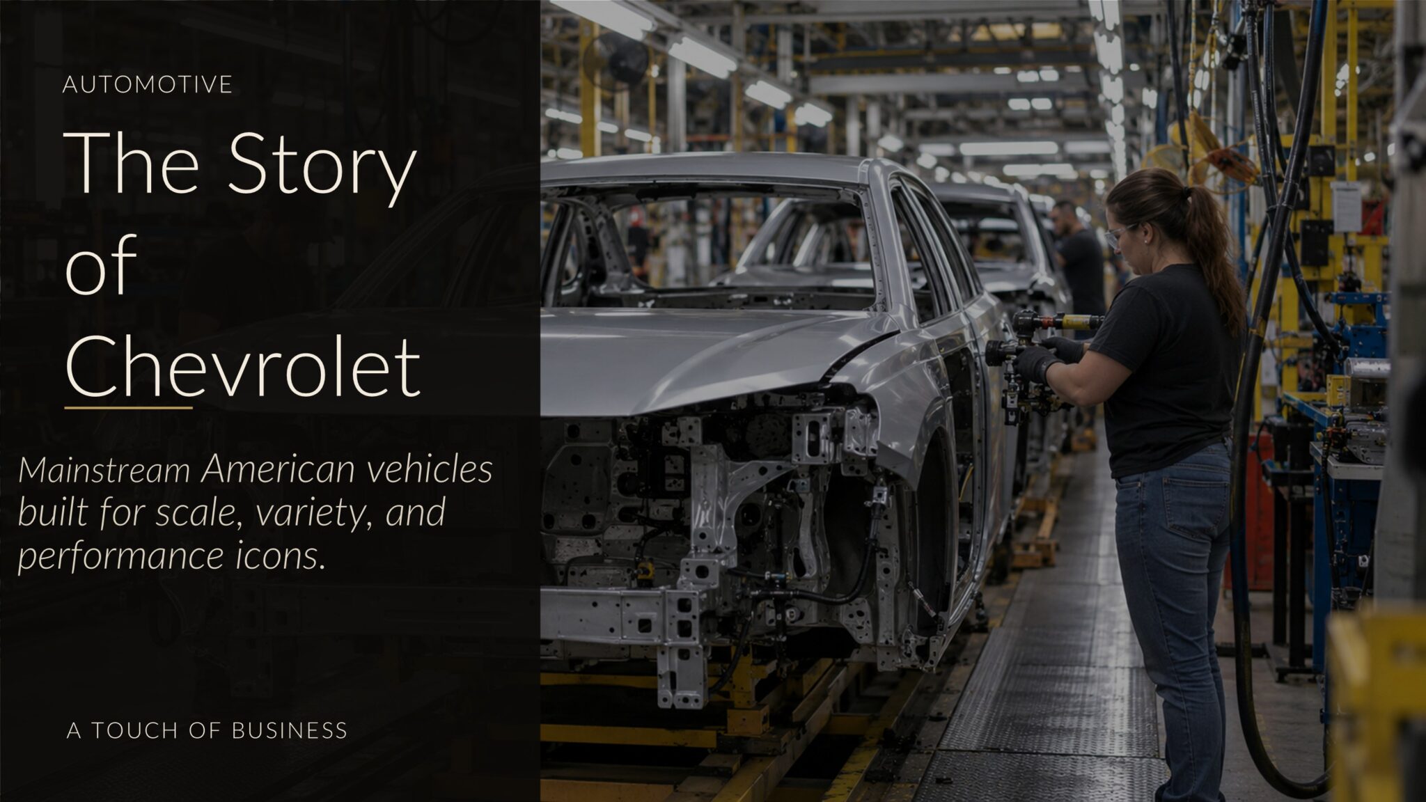 Automotive factory line with unfinished silver car bodies and workers using assembly tools.