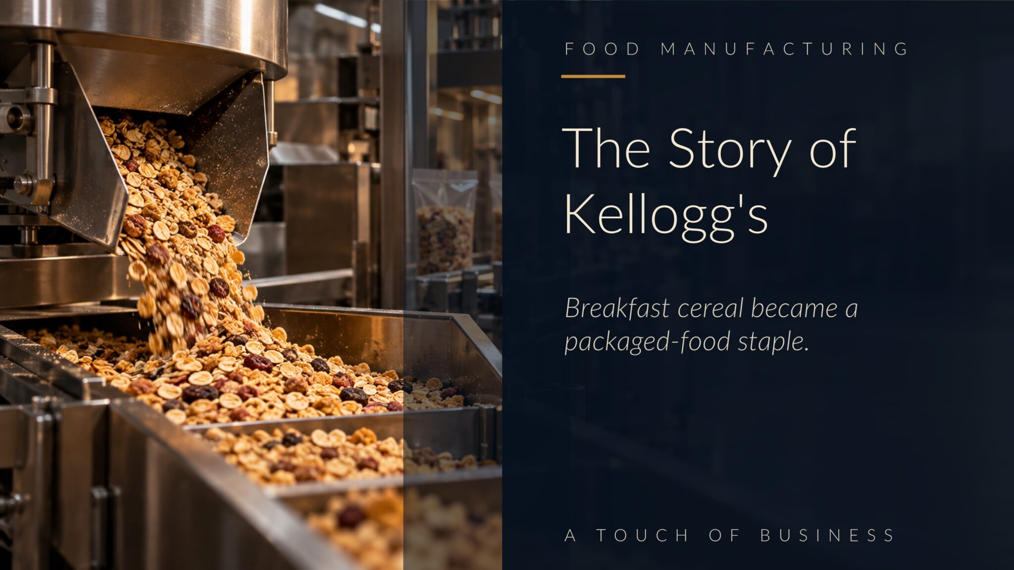 Cereal flakes moving through a stainless-steel food production line.