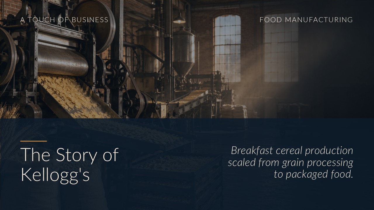 Vintage cereal production machinery processing grain and flakes inside a brick factory.