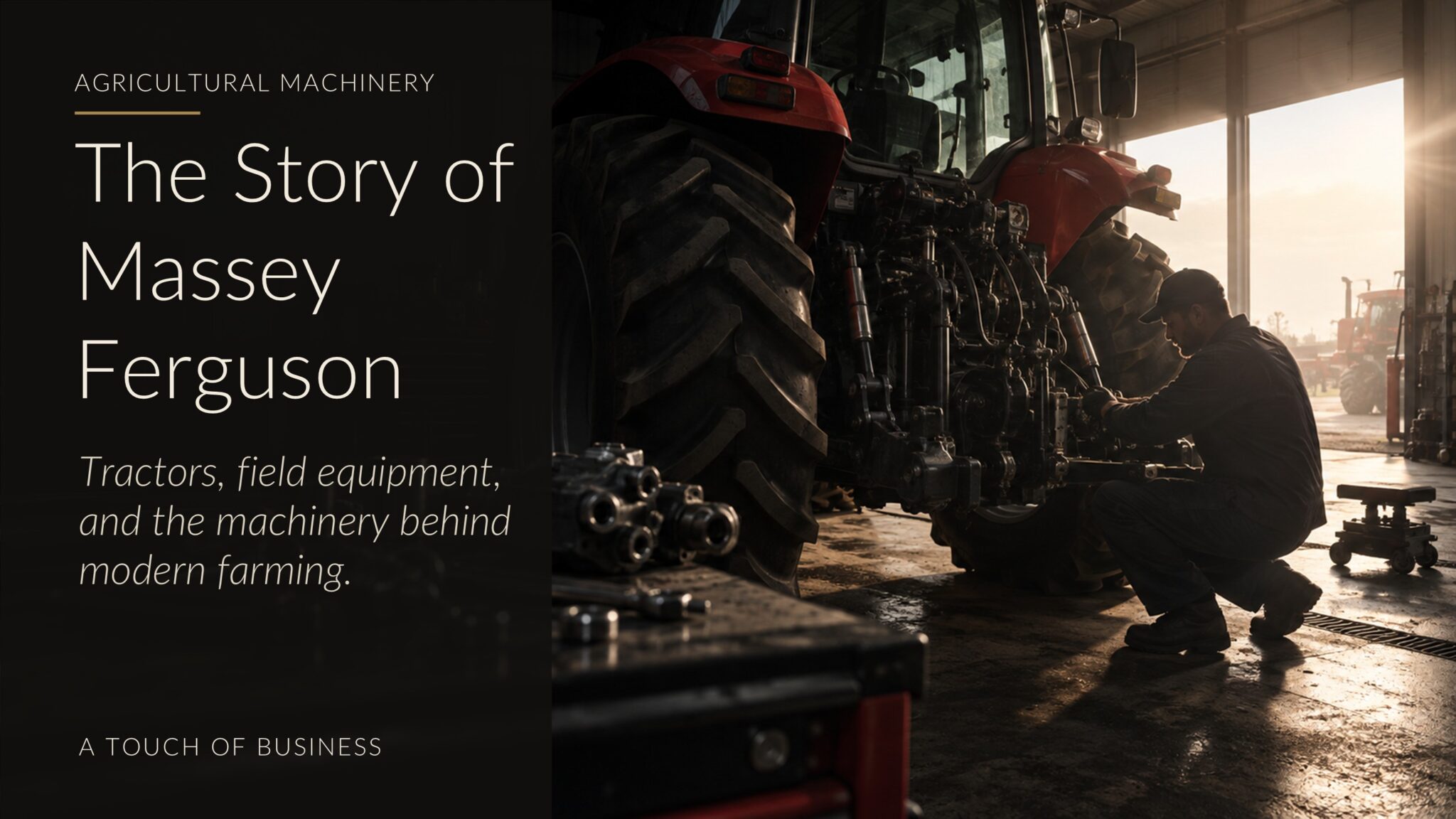 Mechanic working beside a large red tractor in a shadowed farm equipment workshop.