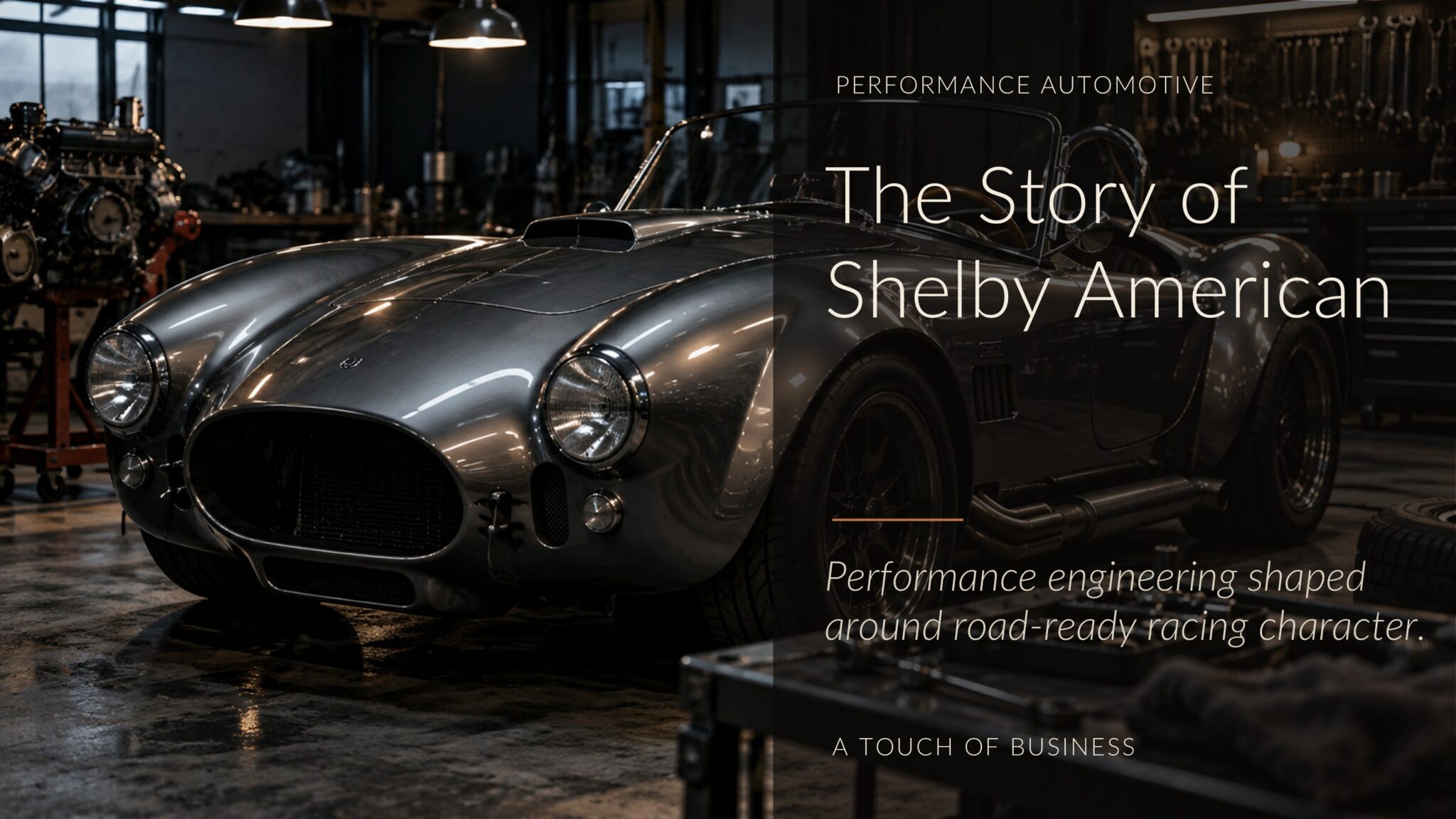 Classic silver roadster in a dim performance workshop surrounded by tools and engine parts.