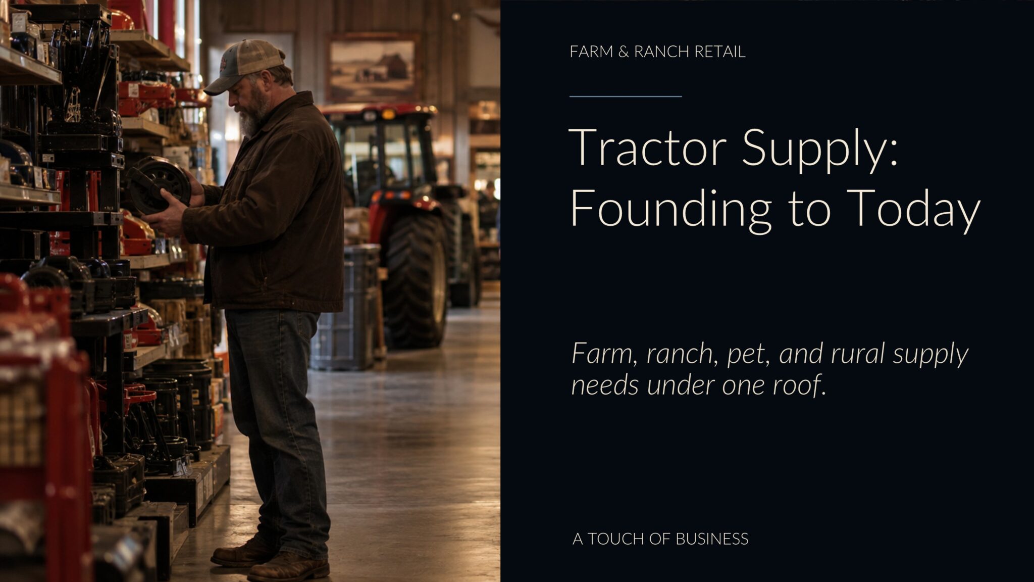 Warm farm supply store aisle with tractor parts, feed bags, fencing, and a man shopping.