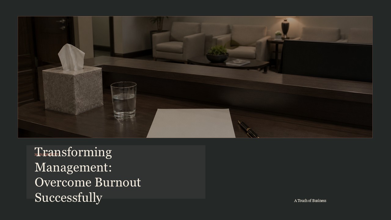 Realistic cinematic image of a quiet reception desk with tissue box, water glass, blank paper, and seating area for a management article.