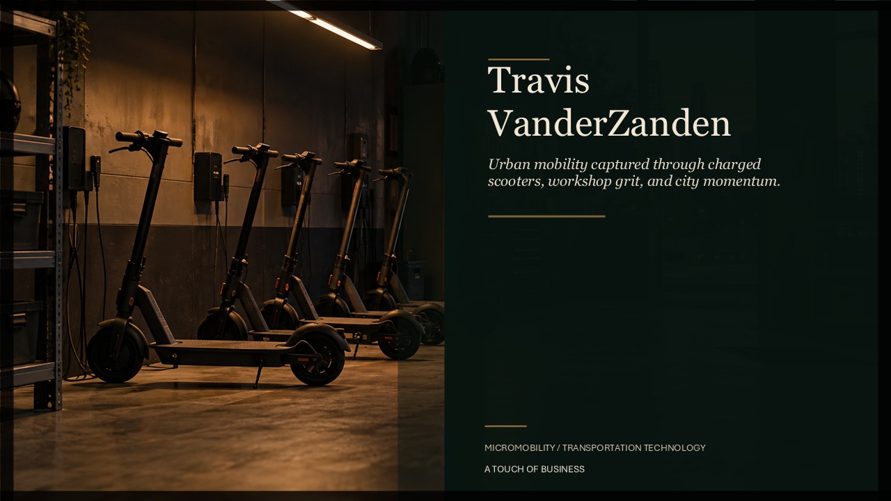 Modern scooter workshop at dusk with electric scooters, charging stations, and city lights
