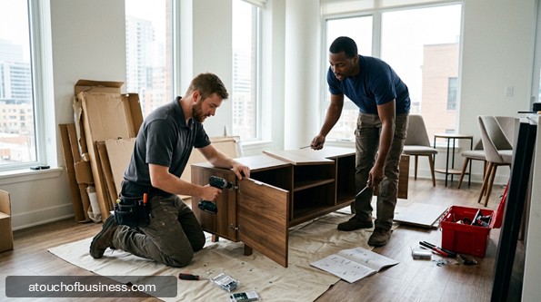 Two men assemble a wooden cabinet in a brightly lit apartment living room.