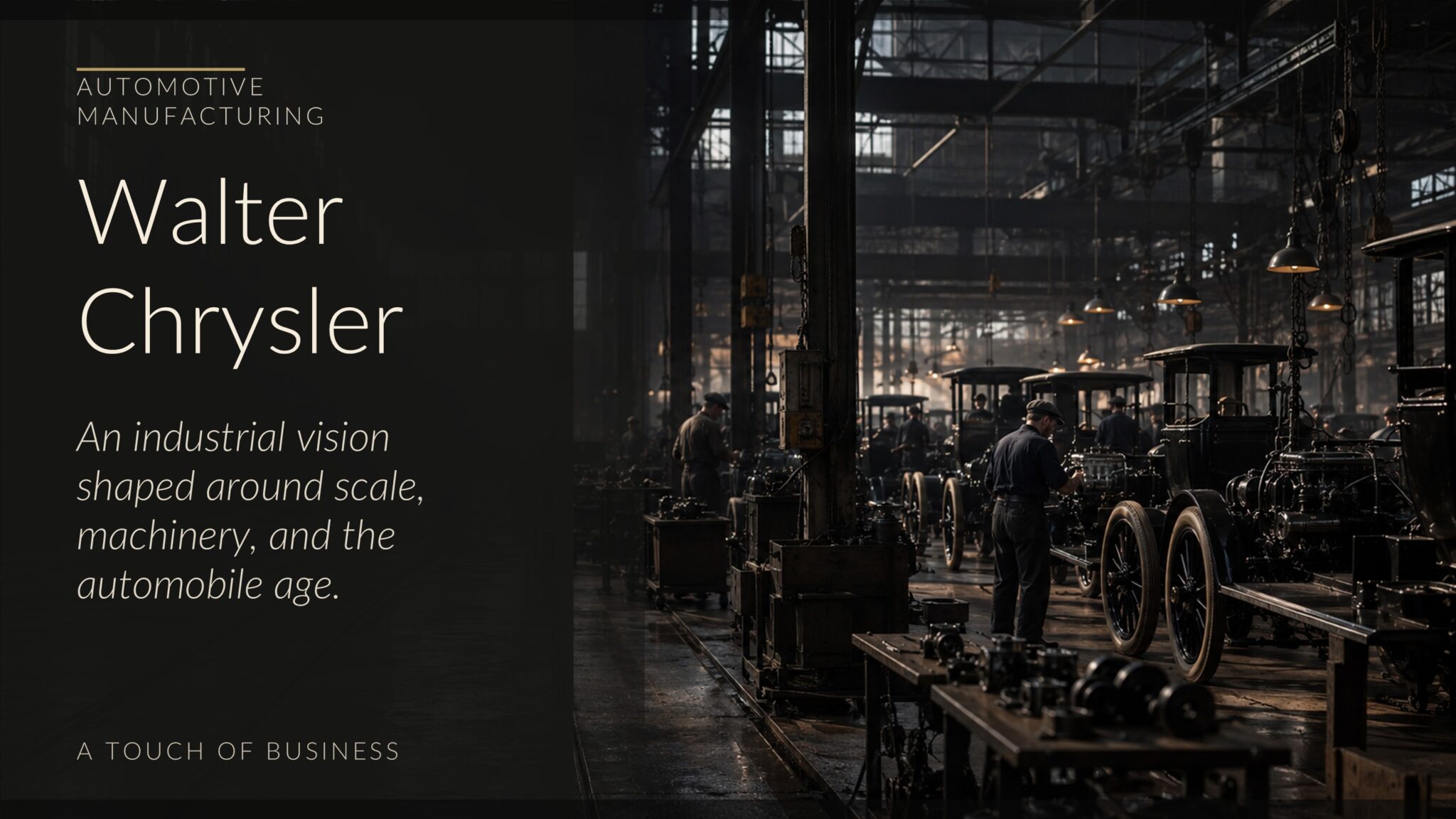 Cinematic early automobile factory with workers assembling car frames under smoky industrial light.
